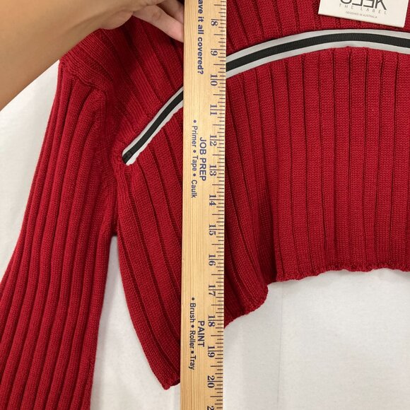 New Seek the Label Medium Red Rib Knit Flare Sleeve Zipper Detail Crop Sweater - Picture 5 of 9